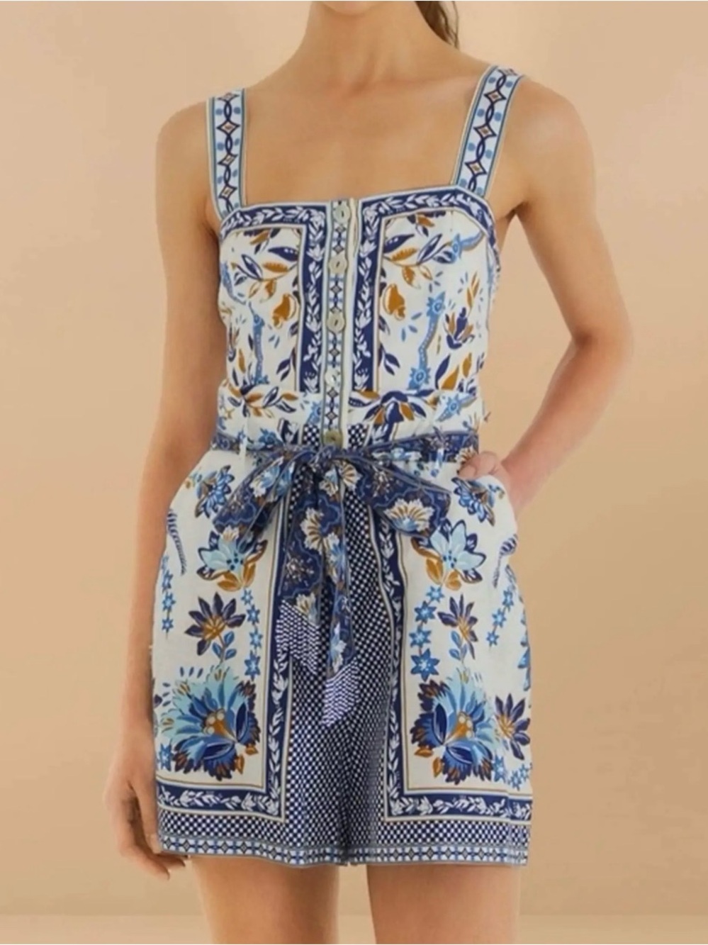 GUC FARM Rio Ana Tapestry Blue and White Floral Tie-Waist Linen Romper Size L